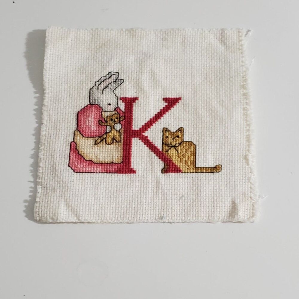 Hand Cross Stitch Letter "K" with a Mommy Bunny and Cat